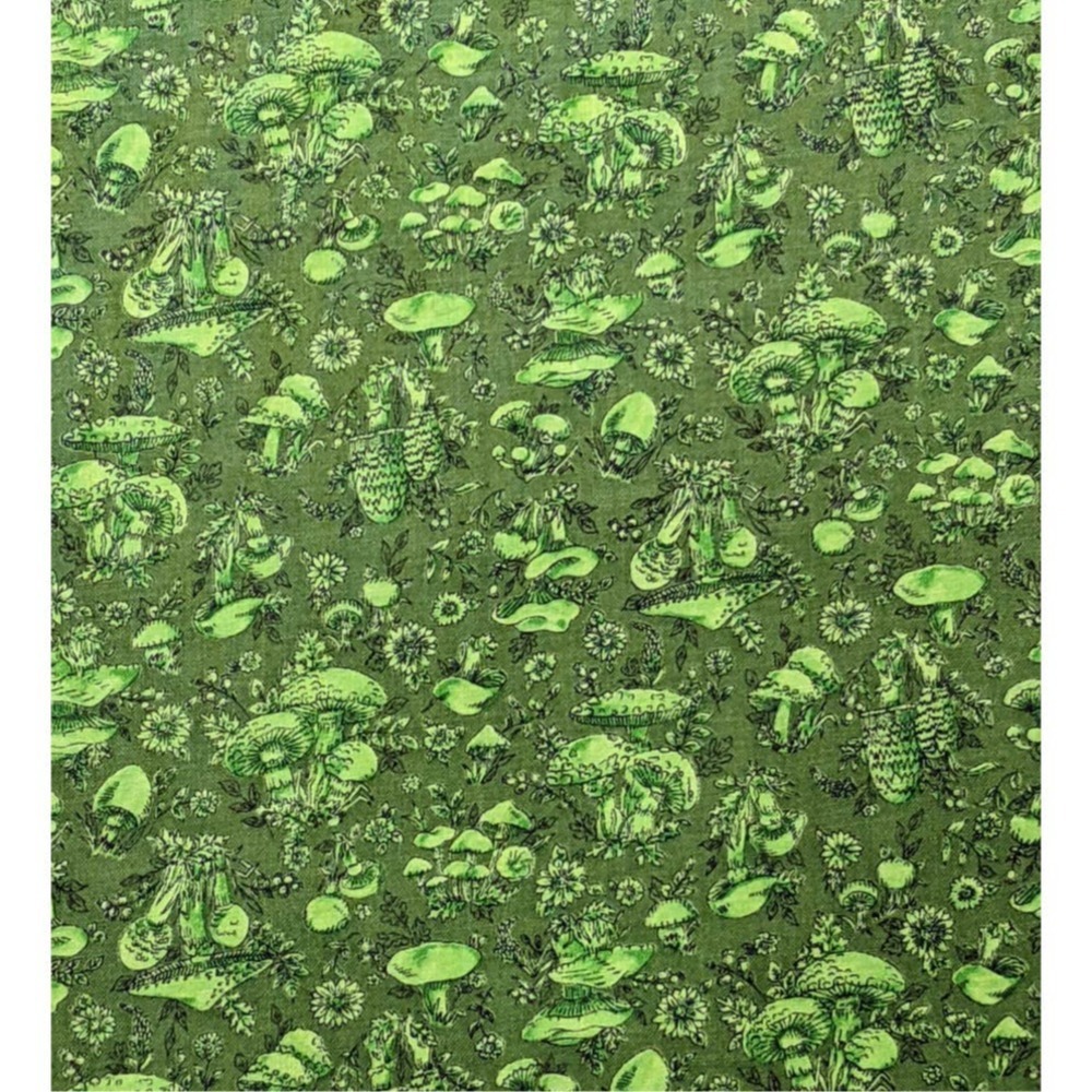 Vintage 1970's Mushroom Fabric Avocado Green Cottagecore Funky Calico Print 3yd - Picture 10 of 10